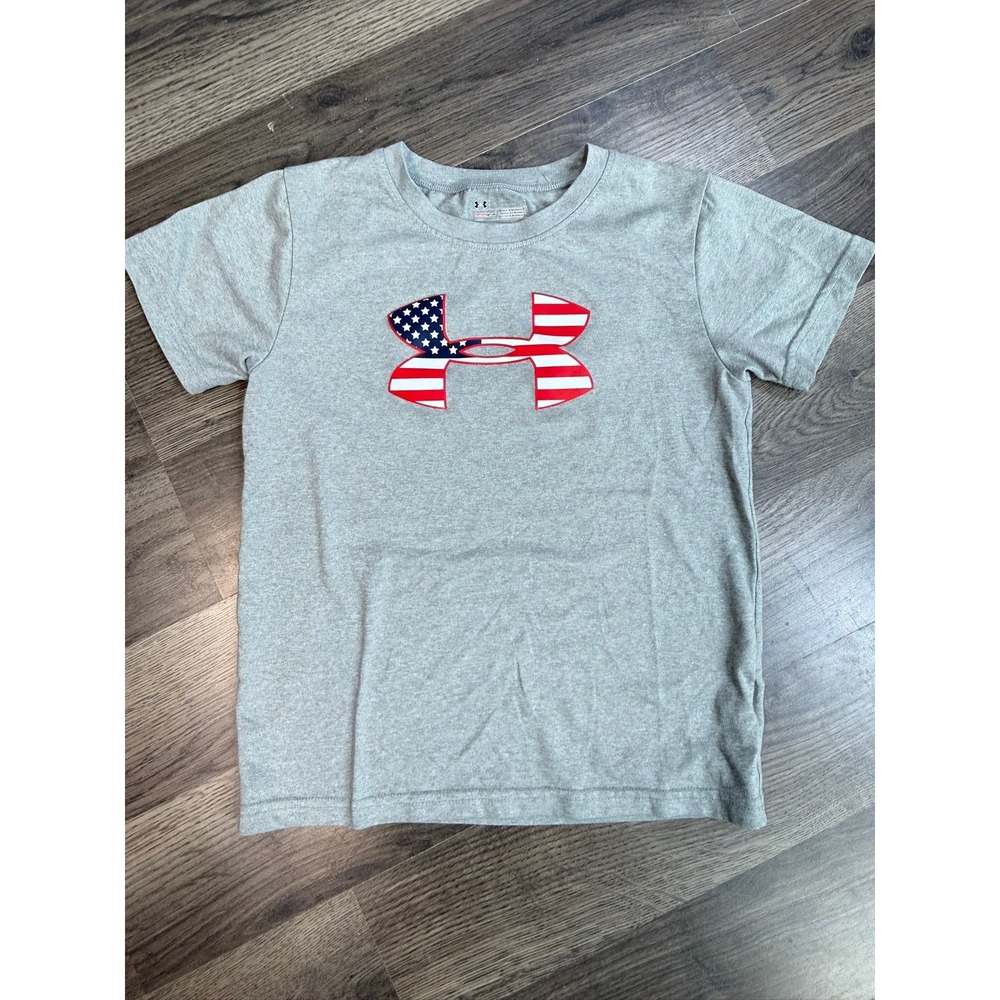 Under Armour Boys HeatGear Gray American Flag Logo Graphic T-Shirt Size 6